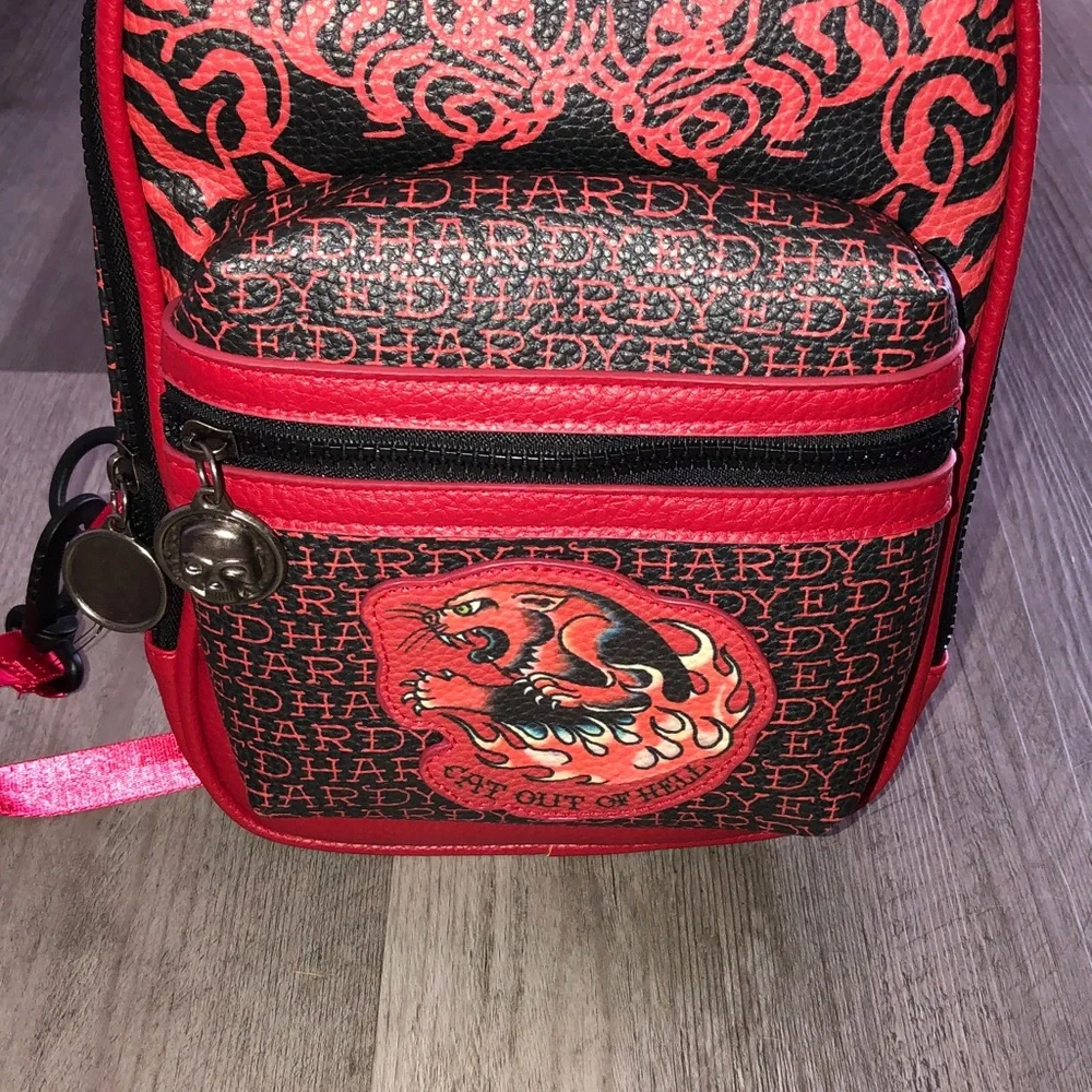 Ed Hardy Red & Black Faux Leather Cat Out Of Hell Unisex Sling Backpack NWT